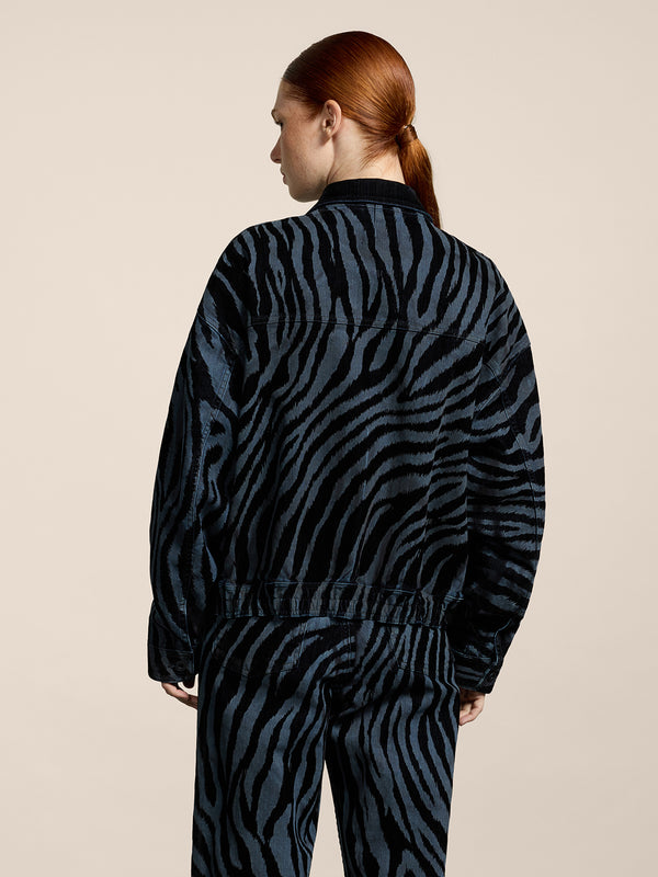 UNISEX DENIM COMFORT FLOCKED JACKET OVER FIT WITH ELASTIC HEM ZEBRA/STRIPED BLUE - ZEBRA\STRIPPED BLUE - Men′s Clothing  | Pence 1979