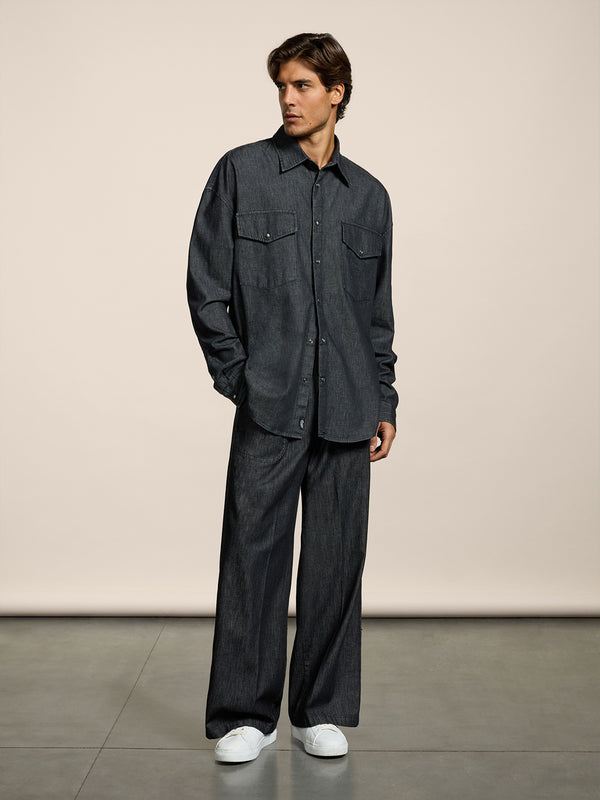 UNISEX JOGGER PANT IN CHAMBRAY OVER FIT BLACK - BLACK - Men′s Bottomwear | Pence 1979