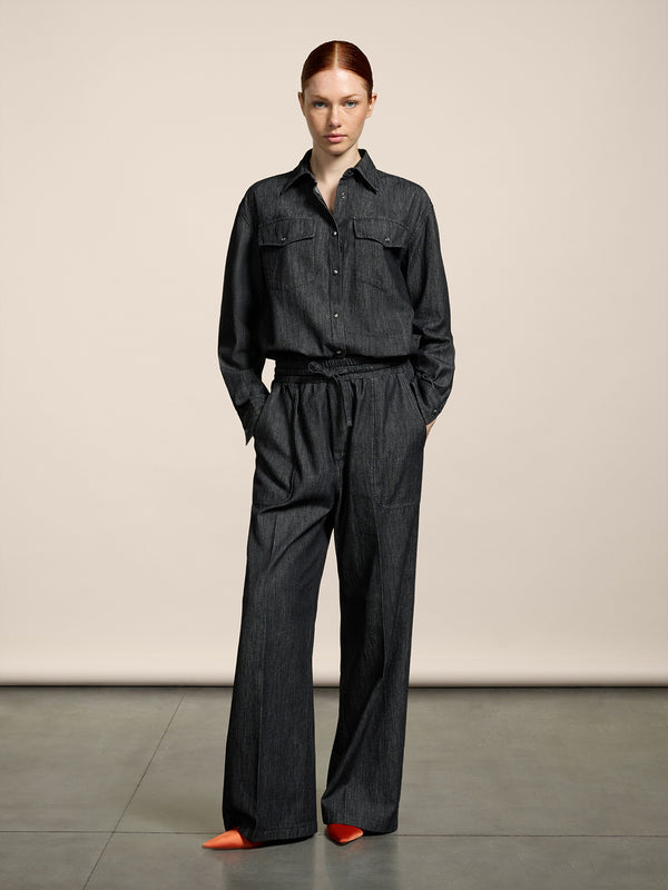 UNISEX JOGGER PANT IN CHAMBRAY OVER FIT BLACK - BLACK - Men′s Bottomwear | Pence 1979