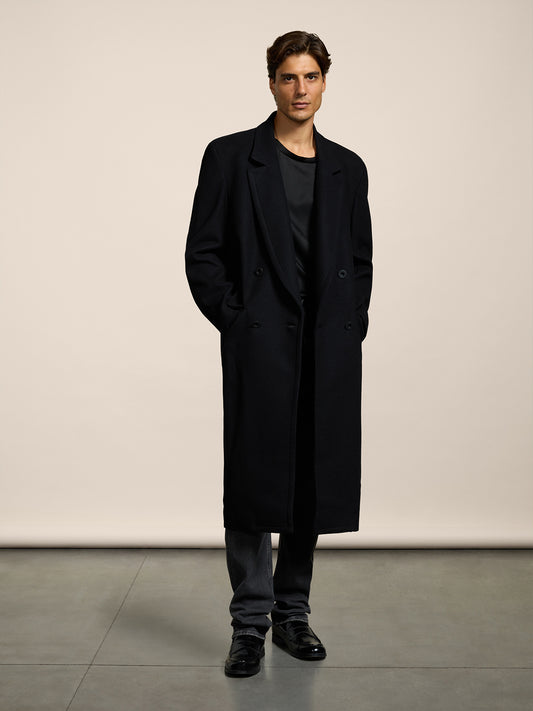 UNISEX DOUBLE-BREASTED OVER FIT COAT IN WOOL CLOTH BLACK - BLACK - Men′s Clothing  | Pence 1979