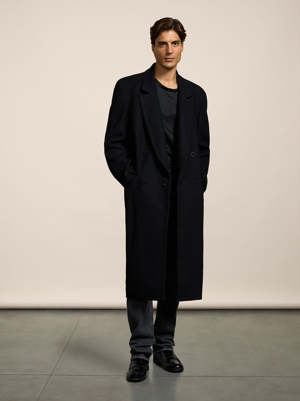 UNISEX DOUBLE-BREASTED OVER FIT COAT IN WOOL CLOTH BLACK - BLACK - Men′s Clothing  | Pence 1979