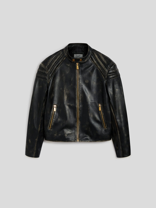 UNISEX BIKER JACKET IN LAMB LEATHER WITH USED TREATMENT BLACK  - BLACK - Men′s Clothing  | Pence 1979