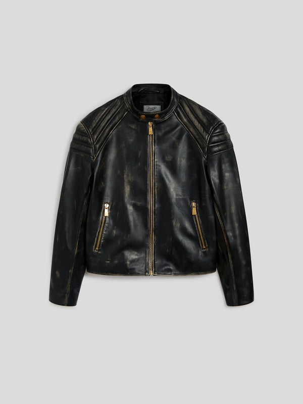 UNISEX BIKER JACKET IN LAMB LEATHER WITH USED TREATMENT BLACK  - BLACK - Men′s Clothing  | Pence 1979