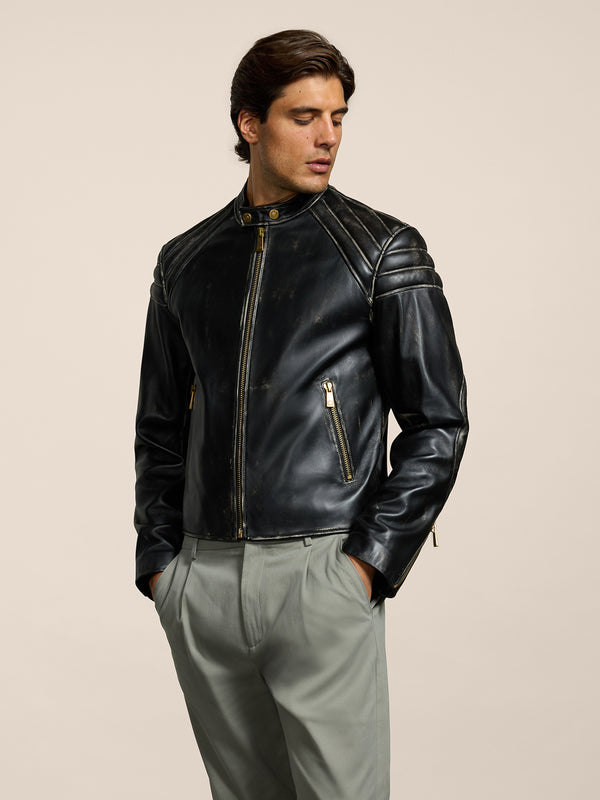 UNISEX BIKER JACKET IN LAMB LEATHER WITH USED TREATMENT BLACK  - BLACK - Men′s Clothing  | Pence 1979