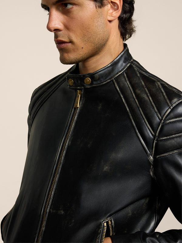 UNISEX BIKER JACKET IN LAMB LEATHER WITH USED TREATMENT BLACK  - BLACK - Men′s Clothing  | Pence 1979