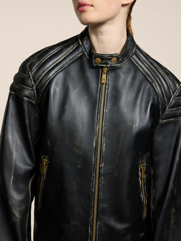 UNISEX BIKER JACKET IN LAMB LEATHER WITH USED TREATMENT BLACK  - BLACK - Men′s Clothing  | Pence 1979