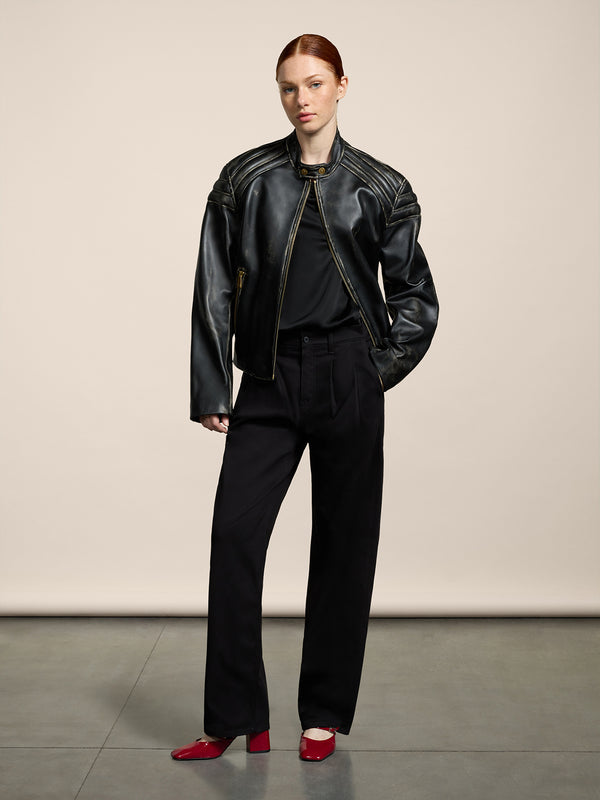 UNISEX BIKER JACKET IN LAMB LEATHER WITH USED TREATMENT BLACK  - BLACK - Men′s Clothing  | Pence 1979