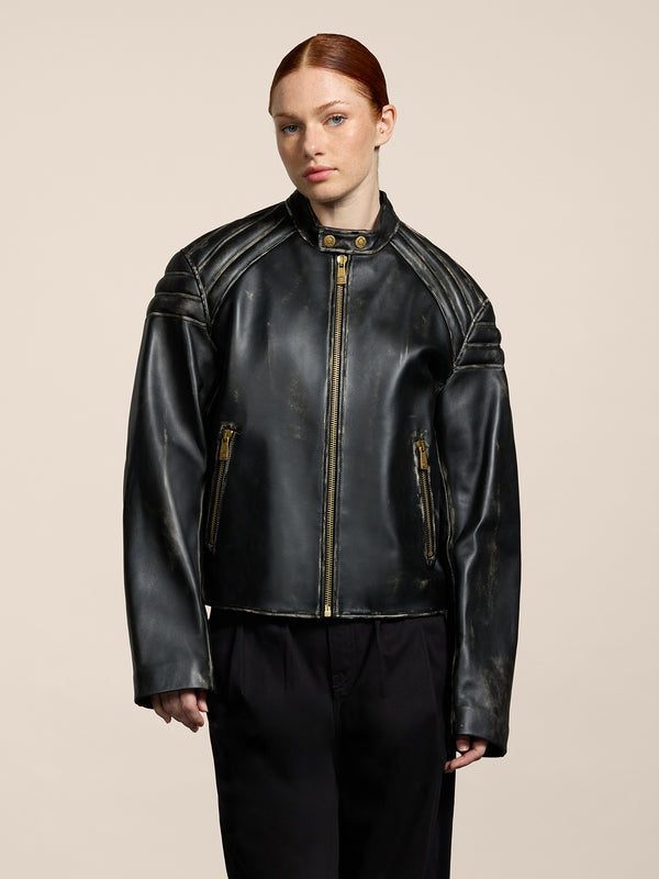 UNISEX BIKER JACKET IN LAMB LEATHER WITH USED TREATMENT BLACK  - BLACK - Men′s Clothing  | Pence 1979