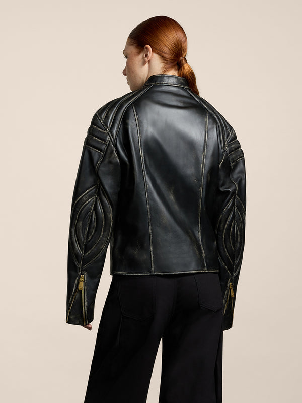 UNISEX BIKER JACKET IN LAMB LEATHER WITH USED TREATMENT BLACK  - BLACK - Men′s Clothing  | Pence 1979