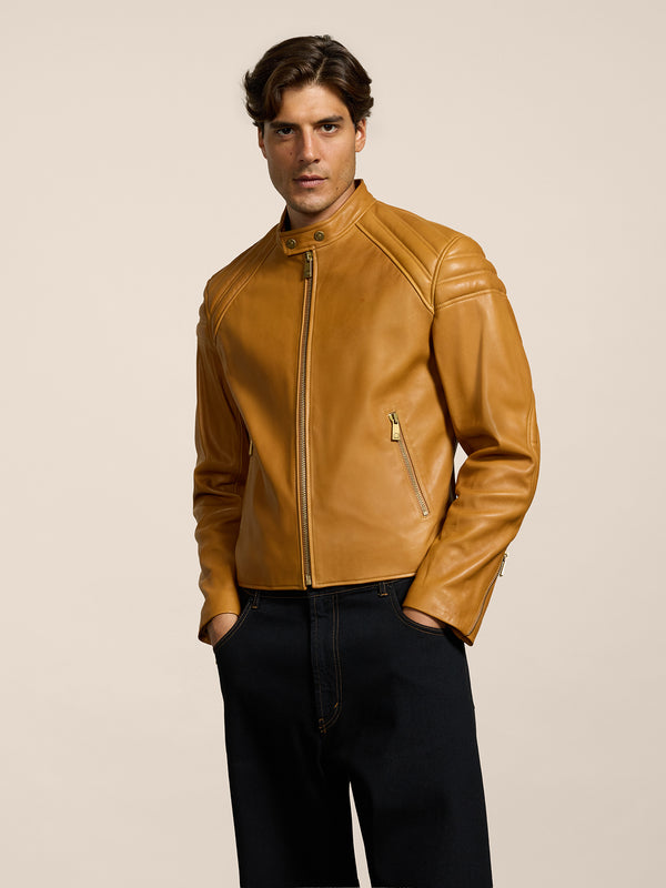 UNISEX BIKER JACKET REGULAR FIT LAMB LEATHER CARAMEL - CARAMEL - Men′s Clothing  | Pence 1979