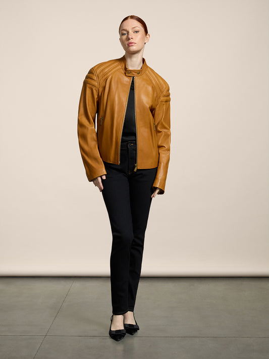 UNISEX BIKER JACKET REGULAR FIT LAMB LEATHER CARAMEL - CARAMEL - Men′s Clothing  | Pence 1979