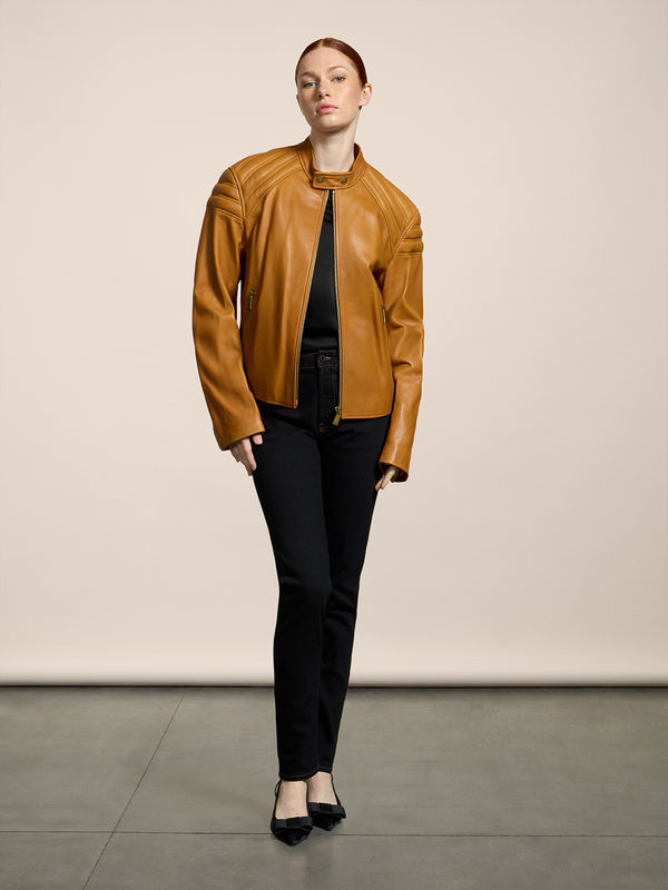 UNISEX BIKER JACKET REGULAR FIT LAMB LEATHER CARAMEL - CARAMEL - Men′s Clothing  | Pence 1979