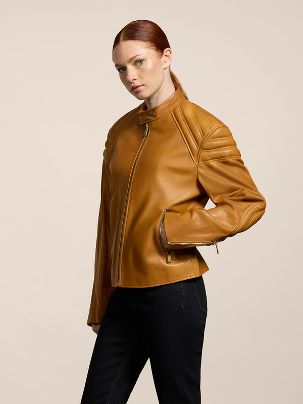 UNISEX BIKER JACKET REGULAR FIT LAMB LEATHER CARAMEL - CARAMEL - Men′s Clothing  | Pence 1979