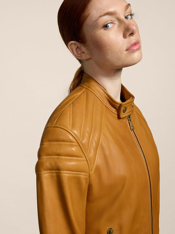 UNISEX BIKER JACKET REGULAR FIT LAMB LEATHER CARAMEL - CARAMEL - Men′s Clothing  | Pence 1979