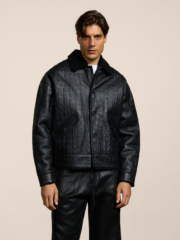 UNISEX SHEARLING JACKET OVER FIT CROCODILE PRINT BLACK - BLACK - Men′s Clothing  | Pence 1979