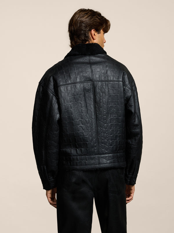 UNISEX SHEARLING JACKET OVER FIT CROCODILE PRINT BLACK - BLACK - Men′s Clothing  | Pence 1979
