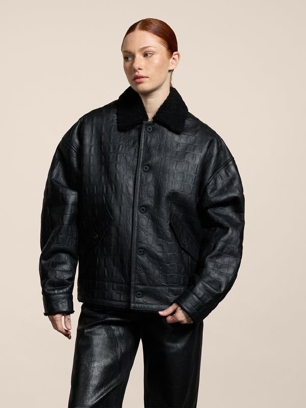 UNISEX SHEARLING JACKET OVER FIT CROCODILE PRINT BLACK - BLACK - Men′s Clothing  | Pence 1979