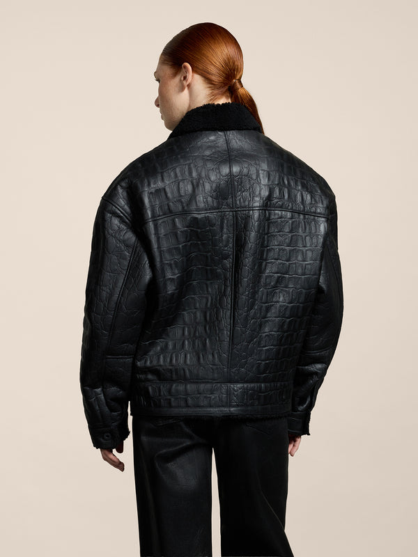 UNISEX SHEARLING JACKET OVER FIT CROCODILE PRINT BLACK - BLACK - Men′s Clothing  | Pence 1979