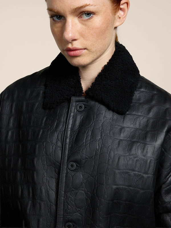 UNISEX SHEARLING JACKET OVER FIT CROCODILE PRINT BLACK - BLACK - Men′s Clothing  | Pence 1979