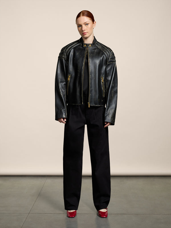 UNISEX RELAXED FIT PANT IN COTTON SATIN WITH DOUBLE PLEATS BLACK - BLACK - Men′s Bottomwear | Pence 1979