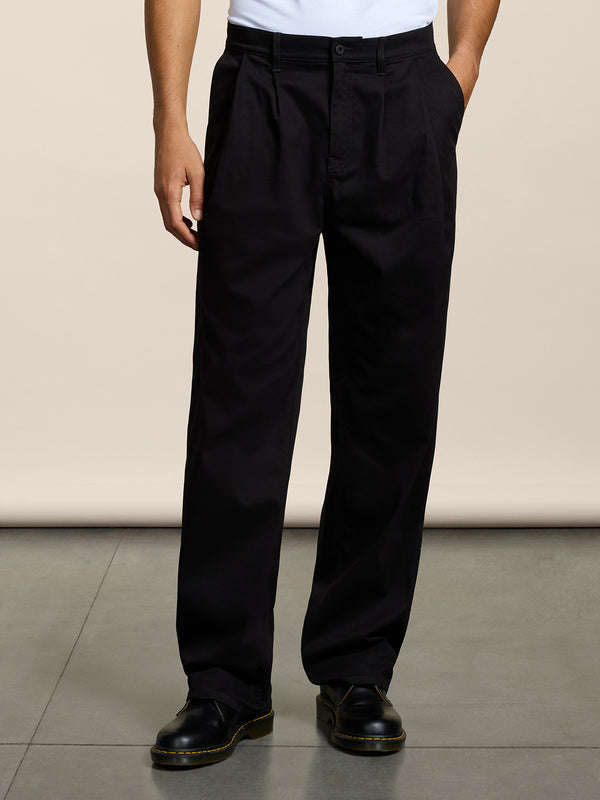 UNISEX RELAXED FIT PANT IN COTTON SATIN WITH DOUBLE PLEATS BLACK - BLACK - Men′s Bottomwear | Pence 1979