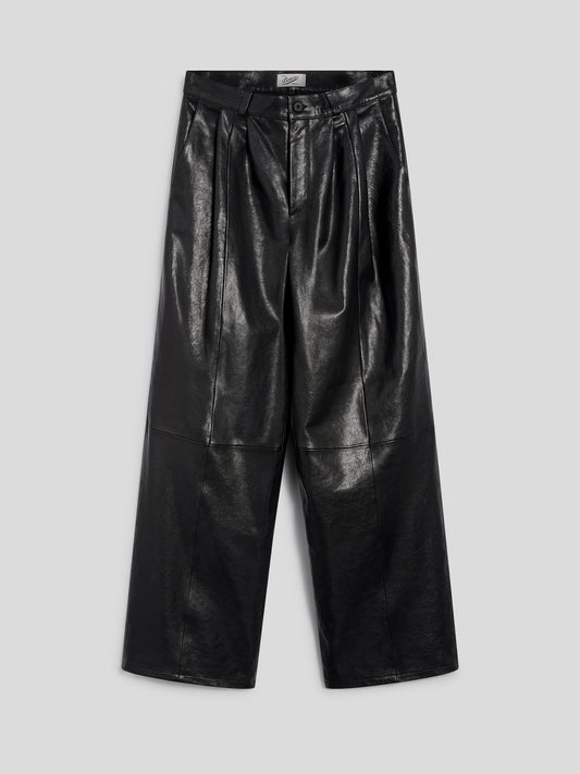 UNISEX RELAXED FIT LAMB LEATHER PANT WITH DOUBLE PLEATS BLACK  - BLACK - Men′s Bottomwear | Pence 1979