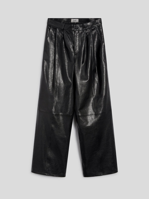 UNISEX RELAXED FIT LAMB LEATHER PANT WITH DOUBLE PLEATS BLACK  - BLACK - Men′s Bottomwear | Pence 1979