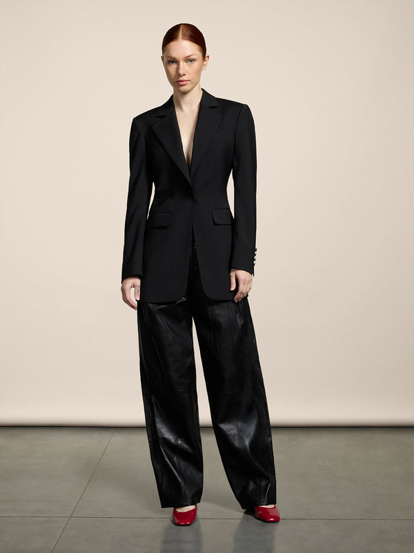 UNISEX RELAXED FIT LAMB LEATHER PANT WITH DOUBLE PLEATS BLACK  - BLACK - Men′s Bottomwear | Pence 1979