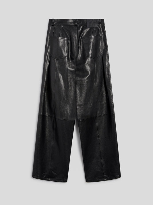 UNISEX RELAXED FIT LAMB LEATHER PANT WITH DOUBLE PLEATS BLACK  - BLACK - Men′s Bottomwear | Pence 1979