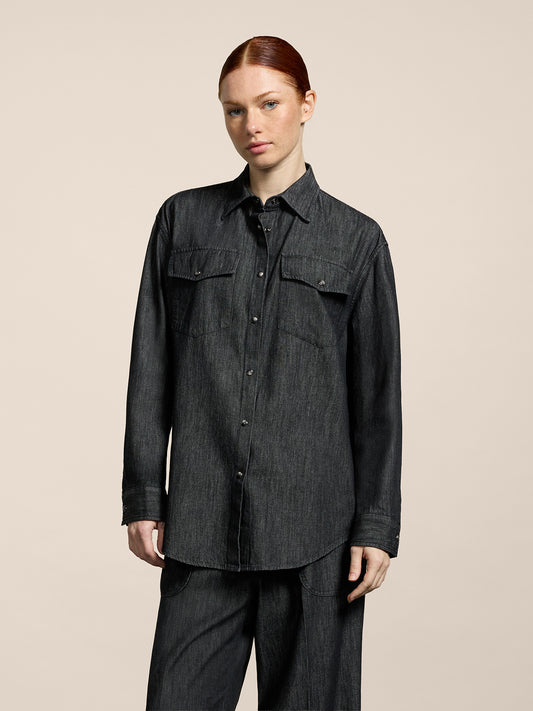 WOMEN'S OVER FIT SHIRT FLAP POCKETS LONG SLEEVES BLACK - BLACK - Women′s Clothing | Pence 1979