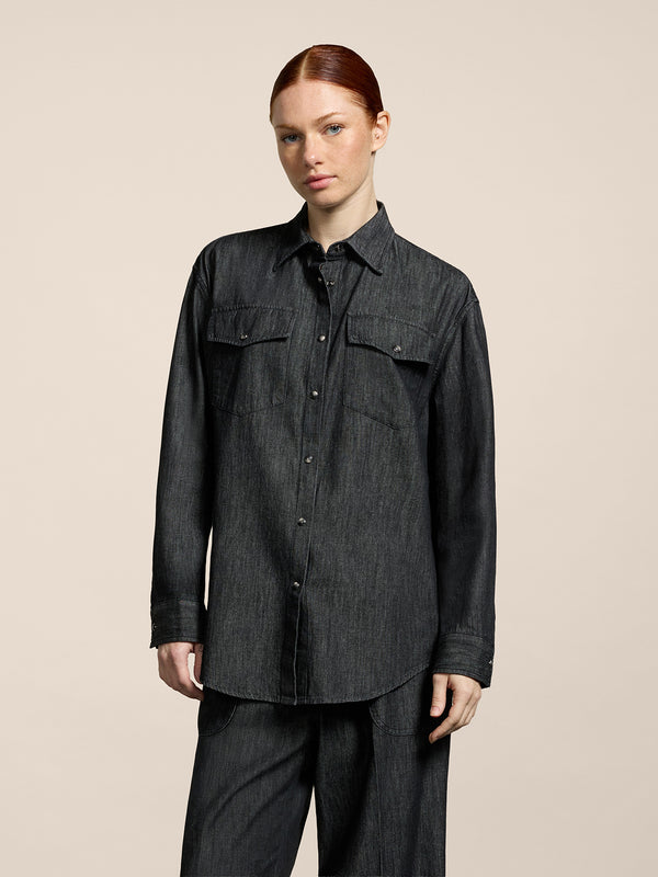 WOMEN'S OVER FIT SHIRT FLAP POCKETS LONG SLEEVES BLACK - BLACK - Women′s Clothing | Pence 1979