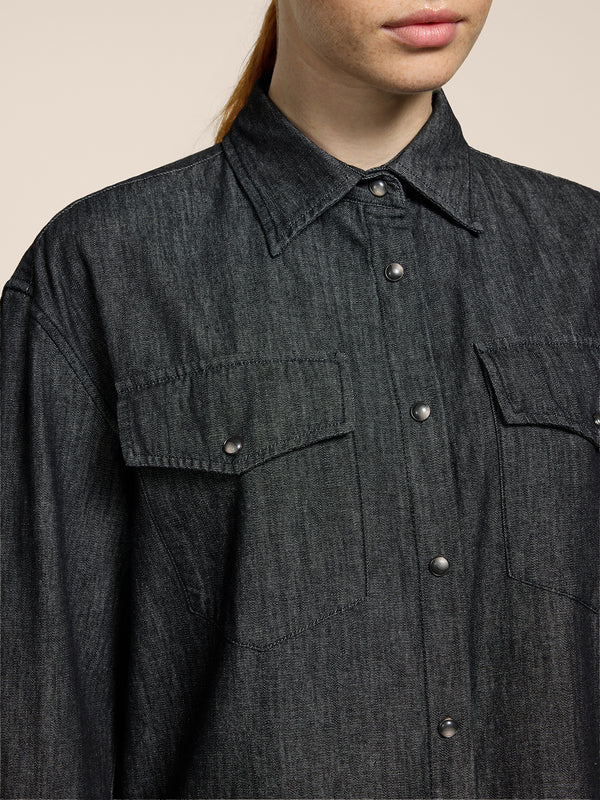 WOMEN'S OVER FIT SHIRT FLAP POCKETS LONG SLEEVES BLACK - BLACK - Women′s Clothing | Pence 1979