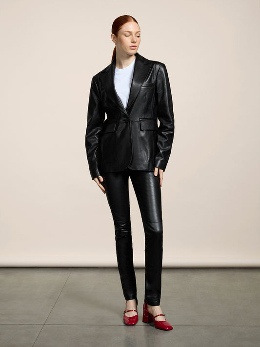 WOMEN'S SLIM FIT 5 POCKET PANT IN STRETCH LAMB LEATHER BLACK - BLACK - Women′s Bottomwear | Pence 1979
