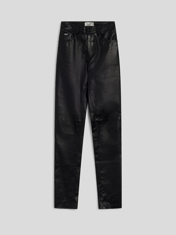 WOMEN'S SLIM FIT 5 POCKET PANT IN STRETCH LAMB LEATHER BLACK - BLACK - Women′s Bottomwear | Pence 1979