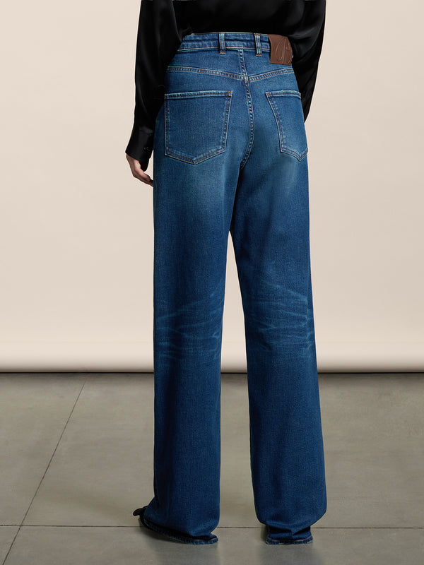 WOMEN'S 5 POCKET HIG WAIST WIDE LEG PANT IN DENIM COMFORT MEDIUM BLUE - MEDIUM DENIM BLUE - Women′s Bottomwear | Pence 1979