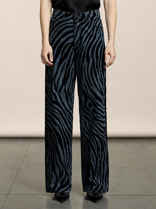 WOMEN'S 5 POCKET PANT IN DENIM COMFORT FLOCED HIGH WAIST WIDE LEG ZEBRA/STRIPED BLUE - ZEBRA\STRIPPED BLUE - Women′s Bottomwear | Pence 1979