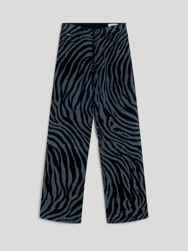 WOMEN'S 5 POCKET PANT IN DENIM COMFORT FLOCED HIGH WAIST WIDE LEG ZEBRA/STRIPED BLUE - ZEBRA\STRIPPED BLUE - Women′s Bottomwear | Pence 1979