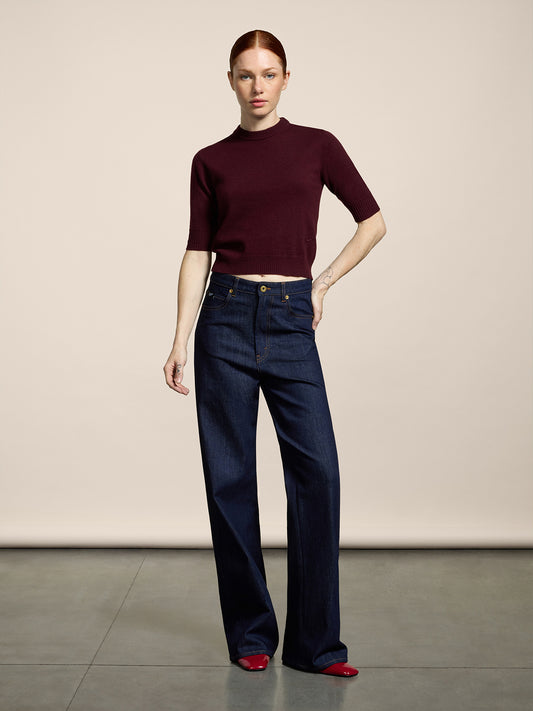 WOMEN'S 5 POCKET PANT IN DARK BLUE COMFORT DENIM HIGH WAIST WIDE LEG  - DARK DENIM BLUE  - Women′s Bottomwear | Pence 1979