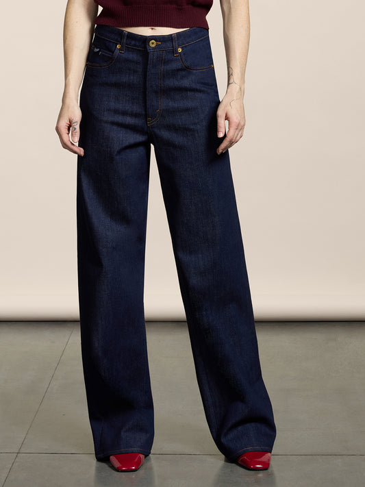 WOMEN'S 5 POCKET PANT IN DARK BLUE COMFORT DENIM HIGH WAIST WIDE LEG  - DARK DENIM BLUE  - Women′s Bottomwear | Pence 1979