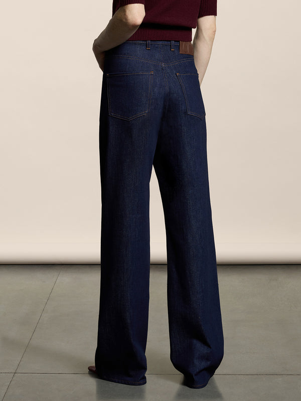 WOMEN'S 5 POCKET PANT IN DARK BLUE COMFORT DENIM HIGH WAIST WIDE LEG  - DARK DENIM BLUE  - Women′s Bottomwear | Pence 1979