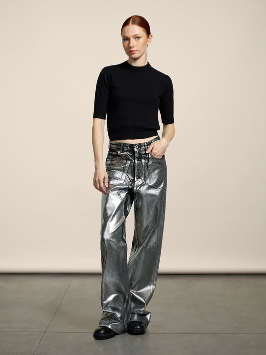 WOMEN'S 5 POCKET HIGH WAIST WIDE LEG PANT IN DENIM WITH METALLIC COATING SILVER - SILVER - Women′s Bottomwear | Pence 1979