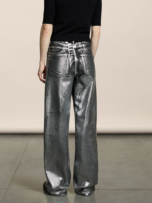 WOMEN'S 5 POCKET HIGH WAIST WIDE LEG PANT IN DENIM WITH METALLIC COATING SILVER - SILVER - Women′s Bottomwear | Pence 1979