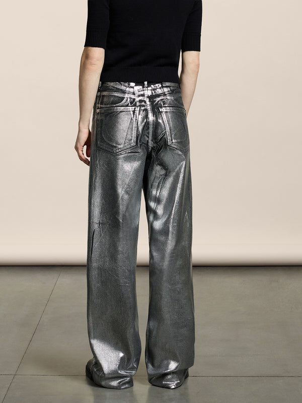 WOMEN'S 5 POCKET HIGH WAIST WIDE LEG PANT IN DENIM WITH METALLIC COATING SILVER - SILVER - Women′s Bottomwear | Pence 1979