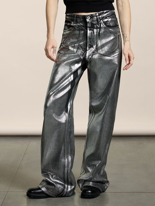 WOMEN'S 5 POCKET HIGH WAIST WIDE LEG PANT IN DENIM WITH METALLIC COATING SILVER - SILVER - Women′s Bottomwear | Pence 1979