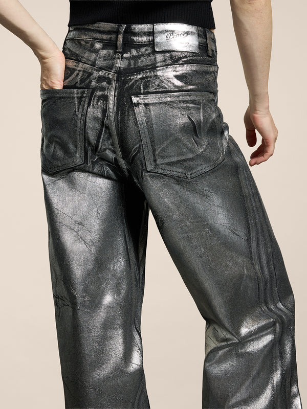 WOMEN'S 5 POCKET HIGH WAIST WIDE LEG PANT IN DENIM WITH METALLIC COATING SILVER - SILVER - Women′s Bottomwear | Pence 1979