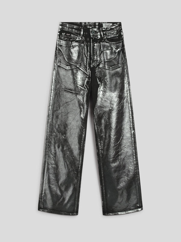 WOMEN'S 5 POCKET HIGH WAIST WIDE LEG PANT IN DENIM WITH METALLIC COATING SILVER - SILVER - Women′s Bottomwear | Pence 1979