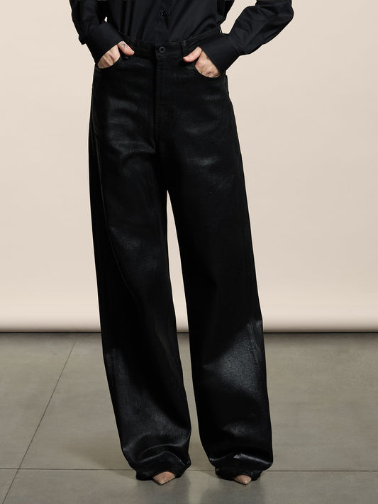 WOMEN'S 5 POCKET HIGH WAIST WIDE LEG PANT IN DENIM WITH METALLIC COATING BLACK - BLACK - Women′s Bottomwear | Pence 1979