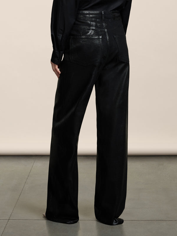 WOMEN'S 5 POCKET HIGH WAIST WIDE LEG PANT IN DENIM WITH METALLIC COATING BLACK - BLACK - Women′s Bottomwear | Pence 1979