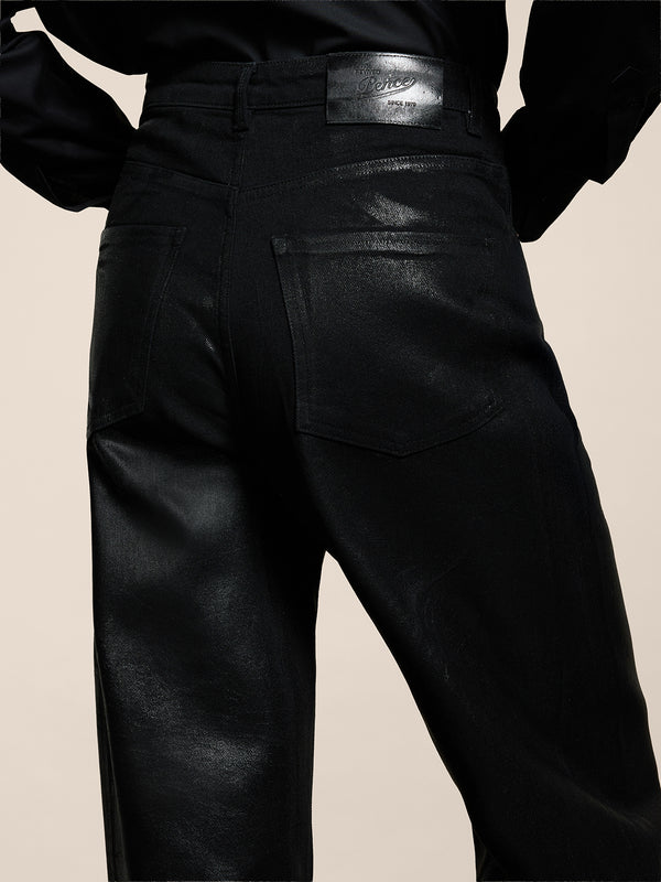 WOMEN'S 5 POCKET HIGH WAIST WIDE LEG PANT IN DENIM WITH METALLIC COATING BLACK - BLACK - Women′s Bottomwear | Pence 1979