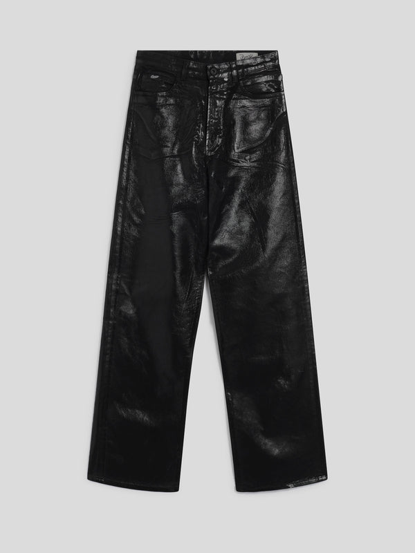 WOMEN'S 5 POCKET HIGH WAIST WIDE LEG PANT IN DENIM WITH METALLIC COATING BLACK - BLACK - Women′s Bottomwear | Pence 1979